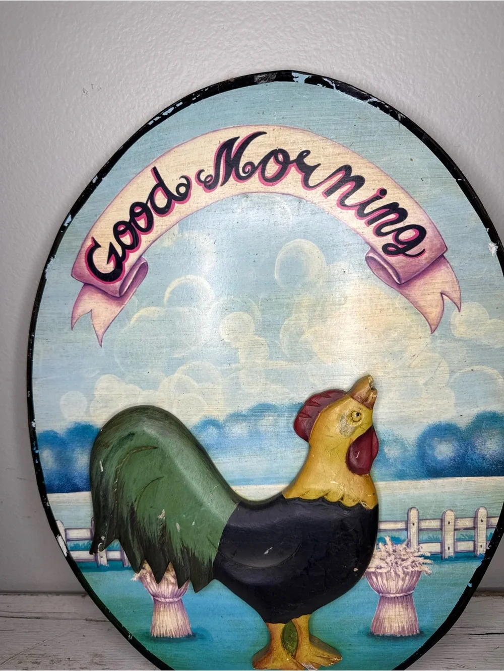 Good Morning Rooster Wall Plaque - Green, Black, Yellow